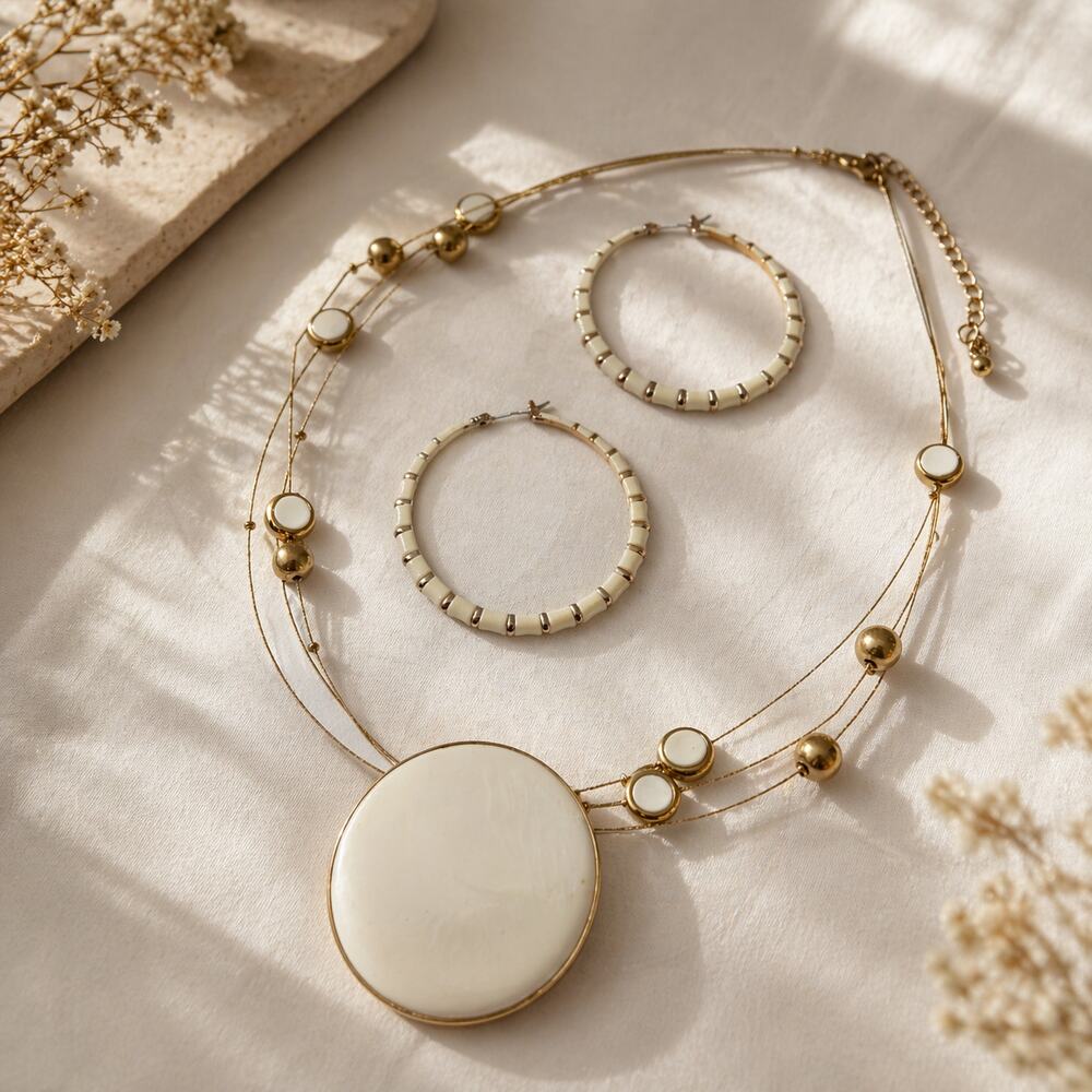 Birch Hill Gold White Enamel Necklace Set Multi Strand + Hoop Earrings